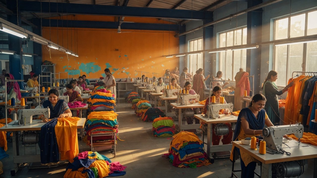 Garment factory sewing lines on the production floor in Tirupur